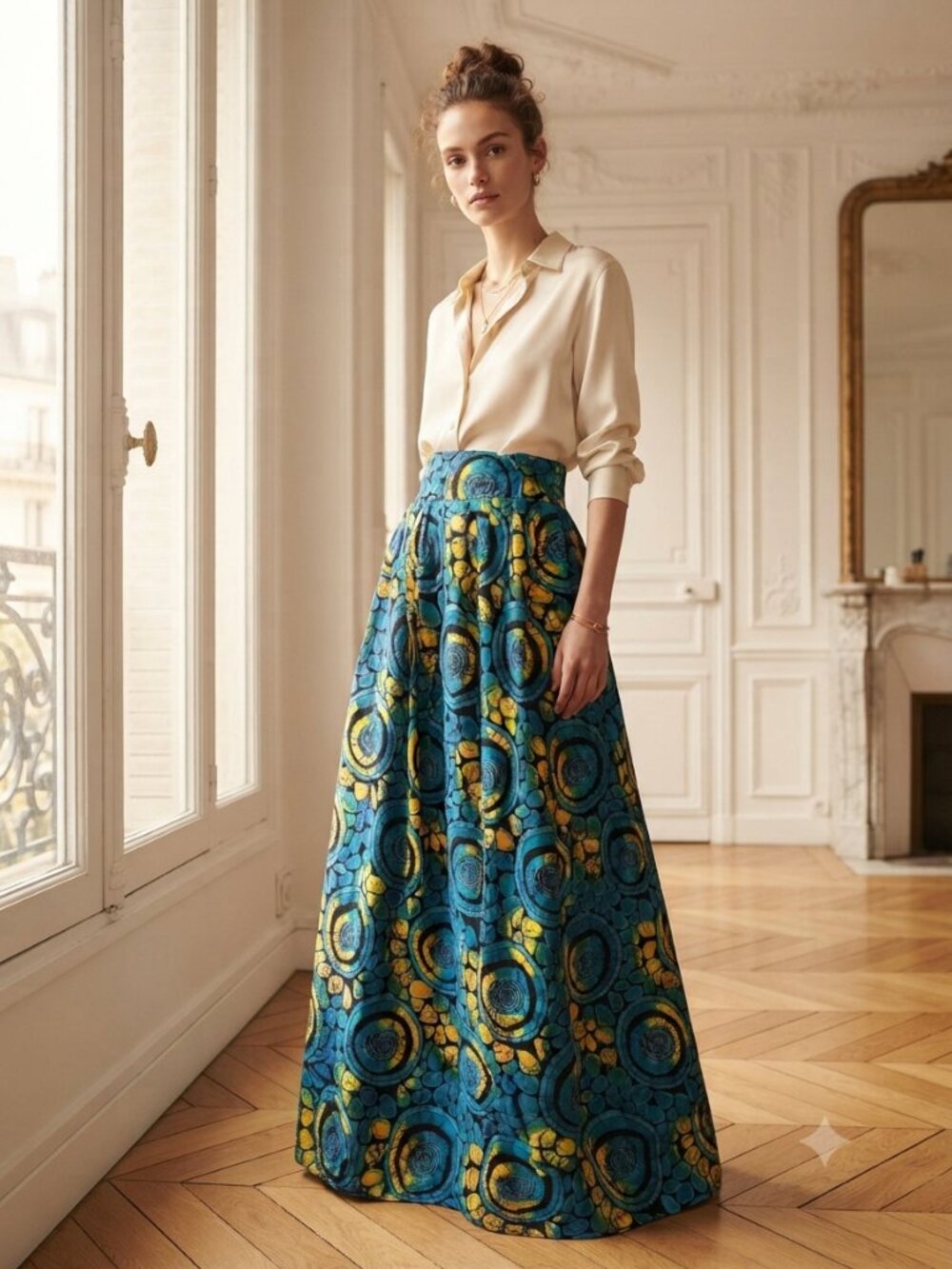 Veritable Block Prints Super Original Vibrant Blue & Yellow Patterned Maxi Skirt